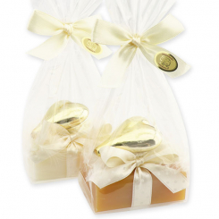 Schafmilchseife eckig 100g dekoriert mit Glasherz in Cello, Classic/Quitte 