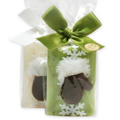 Schafmilchseife eckig 100g dekoriert mit Handschuh in Cello, Classic/Eisenkraut 