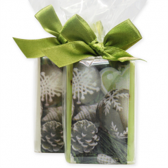 Schafmilchseife eckig 100g dekoriert mit Weihnachtsborte in Cello, Classic/Eisenkraut 
