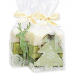 Schafmilchseife eckig 100g dekoriert mit Tannenbaum und Hirsch in Cello, sortiert 