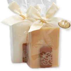 Schafmilchseife eckig 100g dekoriert mit Filzkerze in Cello, Classic/Quitte 