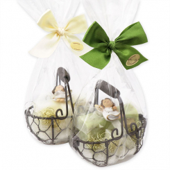 Wire basket filled with sheep milk soap 100g and star 20g decorated with angel in a cellophane, Classic/verbena 