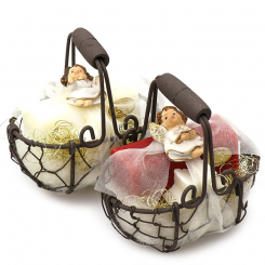 Drahtkorb gefüllt mit Schafmilchseife 100g und Stern 20g dekoriert mit Engel, Classic/Granatapfel 