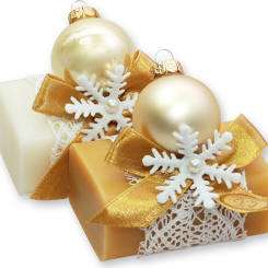 Schafmilchseife eckig 100g dekoriert mit Glaskugel, Classic/Quitte 