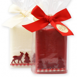 Sheep milk soap 100g decorated with a red 'forest'-ribbon in a cellophane, Classic/pomegranate 