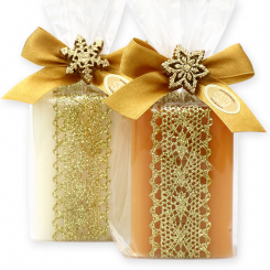 Schafmilchseife eckig 100g dekoriert mit Dekoband in Cello, Classic/Quitte 