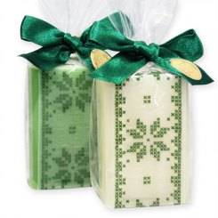 Schafmilchseife eckig 100g dekoriert mit Dekoband 'Kreuzstich' in Cello, Classic/Apfel 