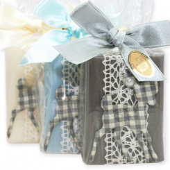 Schafmilchseife eckig 100g dekoriert mit Stoff Rehkitz in Cello, sortiert 