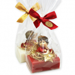 Schafmilchseife eckig 100g dekoriert mit Engel in Cello, Classic/Granatapfel 