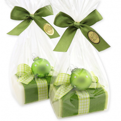 Schafmilchseife eckig 100g dekoriert mit Glaskugel in Cello, Classic/Eisenkraut 