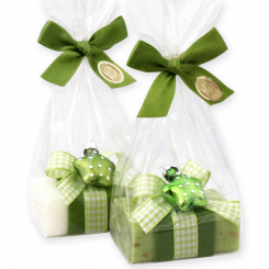 Schafmilchseife eckig 100g dekoriert mit Glasstern in Cello, Classic/Eisenkraut 