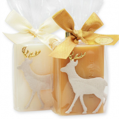 Schafmilchseife eckig 100g dekoriert mit Filzhirsch in Cello, Classic/Quitte 