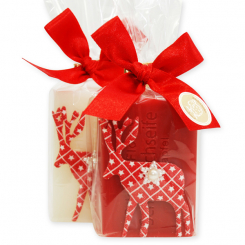 Schafmilchseife eckig 100g dekoriert mit Hirsch in Cello, Classic/Granatapfel 