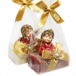 Schafmilchseife eckig 100g dekoriert mit Engel in Cello, Classic/Granatapfel 