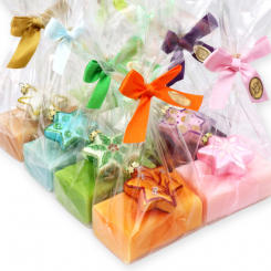 Schafmilchseife eckig 100g dekoriert mit Glasstern bunt in Cello, sortiert 