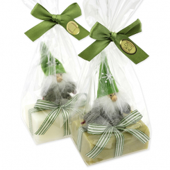 Schafmilchseife eckig 100g dekoriert mit Filzwichtel in Cello, Classic/Gartenseife 