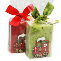 Schafmilchseife eckig 100g dekoriert mit Lokomotive in Cello, Granatapfel/Eisenkraut 