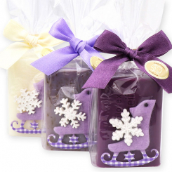 Schafmilchseife eckig 100g dekoriert mit Filz Schlittschuh in Cello, sortiert 