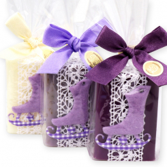 Schafmilchseife eckig 100g dekoriert mit Filz Schlittschuh in Cello, sortiert 