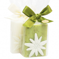 Schafmilchseife eckig 100g dekoriert mit Edelweiß in Cello, Edelweiß/Eisenkraut 