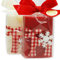 Schafmilchseife eckig 100g dekoriert mit Rentier Karo in Cello, Classic/Granatapfel 