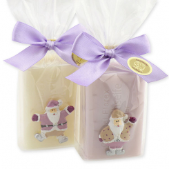 Schafmilchseife eckig 100g dekoriert mit Weihnachtsmann in Cello, Classic/Flieder 