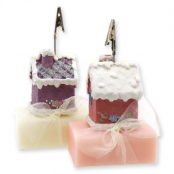 Schafmilchseife eckig 100g, dekoriert mit Weihnachtshaus, Classic/Pfingstrose 