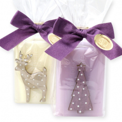 Schafmilchseife eckig 100g dekoriert mit Weihnachtsmotive in Cello, Classic/Flieder 