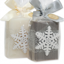Schafmilchseife eckig 100g dekoriert mit Schneeflocke in Cello, Classic/Christrose 