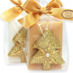 Schafmilchseife eckig 100g dekoriert mit Glitzerbaum in Cello, Classic/Quitte 