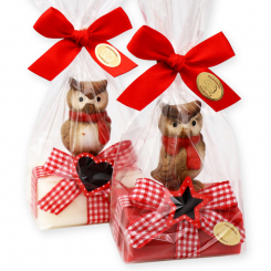 Schafmilchseife eckig 100g dekoriert mit Eule in Cello, Classic/Granatapfel 