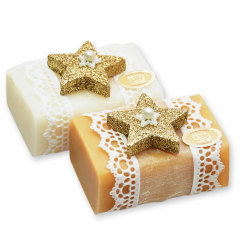 Schafmilchseife eckig 100g dekoriert mit Glitzerstern, Classic/Quitte 