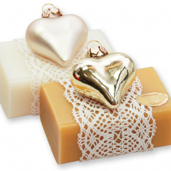 Schafmilchseife eckig 100g dekoriert mit Glasherz gold, Classic/Quitte 
