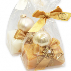 Schafmilchseife eckig 100g dekoriert mit Glaskugel creme in a cellophane, Classic/Quitte 