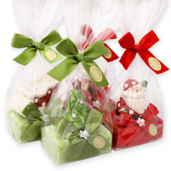 Schafmilchseife eckig 100g dekoriert mit Weihnachtsfiguren in Cello, Granatapfel/Eisenkraut 