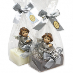 Sheep milk soap 100g decorated with an angel in a cellophane, Classic/christmas rose silver 