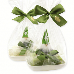 Schafmilchseife eckig 150g auf Seifenschale dekoriert mit Filzwichtel in Cello, Classic/Eisenkraut 