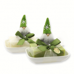 Schafmilchseife eckig 150g auf Seifenschale dekoriert mit Filzwichtel, Classic/Eisenkraut 