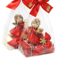 Schafmilchseife eckig 150g dekoriert mit Engel in Cello, Classic/Granatapfel 