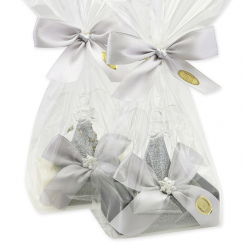 Schafmilchseife eckig 150g dekoriert mit Glasengel in Cello, Classic/Christrose 