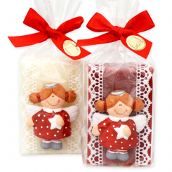 Schafmilchseife eckig 150g dekoriert mit Engel in Cello, Classic/Granatapfel 