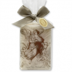 Schafmilchseife eckig 150g mit halbtransparenter Schleife mit Engelmotiv in Cello mit Masche, Schneerose 