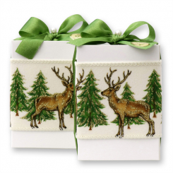 Schafmilchseife eckig 150g verpackt in Schachtel dekoriert mit Dekoband Hirsch, Classic/Eisenkraut 