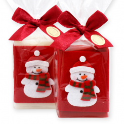 Sheep milk soap 150g decorated with a snowman in a cellophane, Classic/pomegranate 