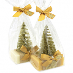 Schafmilchseife eckig 150g dekoriert mit Tannenbaum in Cello, Classic/Zirbe 