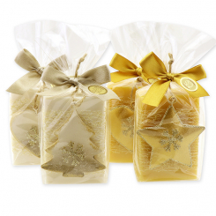Schafmilchseife eckig 150g dekoriert mit Weihnachtsmotive in Cello, Schneerose/Zirbe 