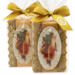 Schafmilchseife eckig 150g dekoriert mit Weihnachtsmann in Cello, Classic/Zirbe 