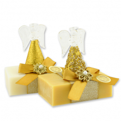 Schafmilchseife eckig 150g dekoriert mit Engel, Dekoband, Masche und Ornament, Classic/Zirbe 