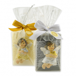 Sheep milk soap square 150g decorated with an angel in a cellophane bag, Classic/Christmas rose silver 