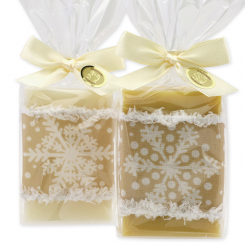 Schafmilchseife eckig 150g dekoriert mit Dekoband in Cello, Classic/Zirbe 